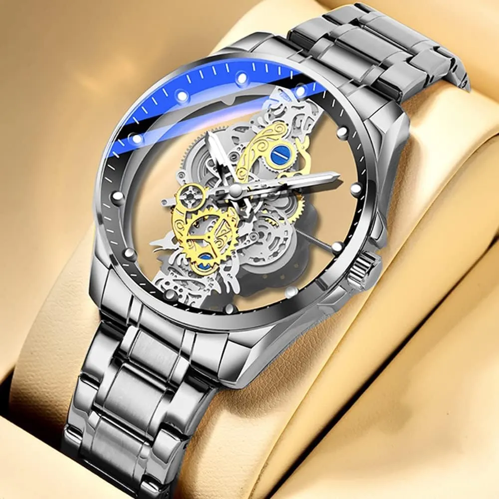 Creative tableland peasant regular allow Fashion Transparent Cover Skull Quartz Watch Stainless Steel Waterproof Watch Men's Business Skeleton Quartz Watch FANMIS 