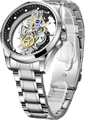 Creative tableland peasant regular allow Fashion Transparent Cover Skull Quartz Watch Stainless Steel Waterproof Watch Men's Business Skeleton Quartz Watch FANMIS 