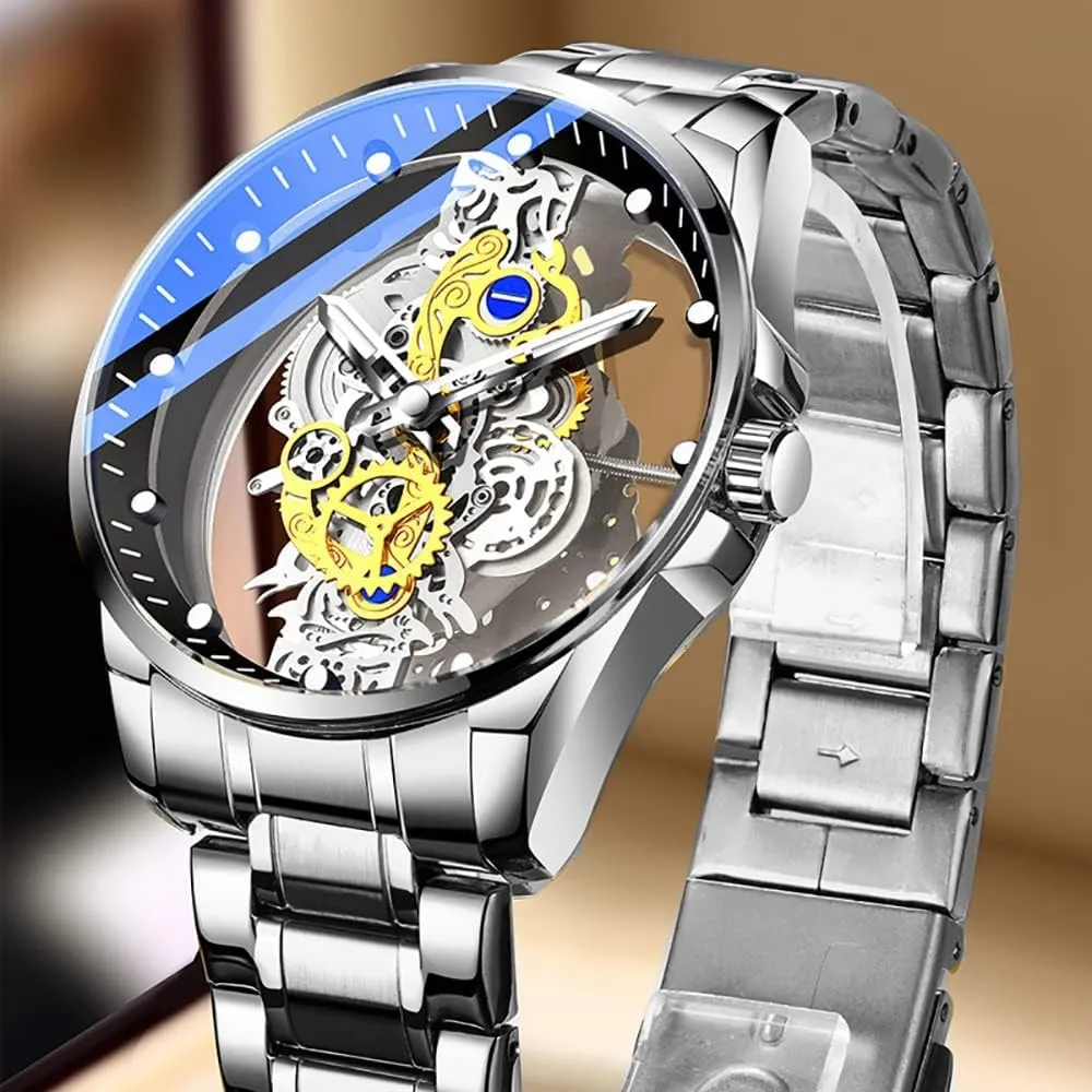 Creative tableland peasant regular allow Fashion Transparent Cover Skull Quartz Watch Stainless Steel Waterproof Watch Men's Business Skeleton Quartz Watch FANMIS 