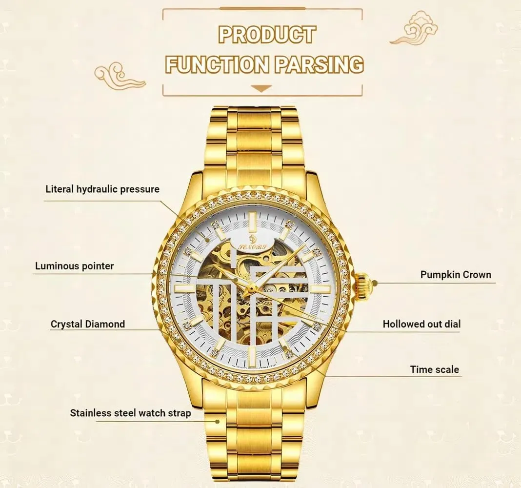 crew magic mitigate scrape Steel Band Waterproof Luminous Wristwatch Luxury Diamond Gold Watches for Men Skeleton Hollow Fashion Design Self-Winding Mechanical Automatic Watches Stainless 