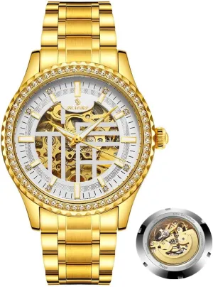 crew magic mitigate scrape Steel Band Waterproof Luminous Wristwatch Luxury Diamond Gold Watches for Men Skeleton Hollow Fashion Design Self-Winding Mechanical Automatic Watches Stainless 