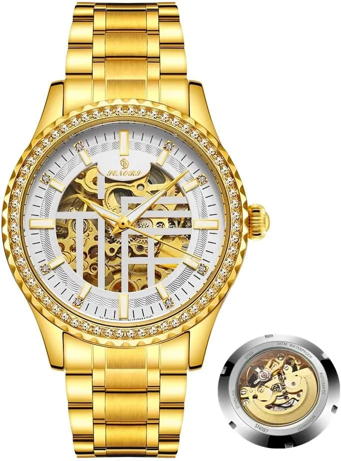 crew magic mitigate scrape Steel Band Waterproof Luminous Wristwatch Luxury Diamond Gold Watches for Men Skeleton Hollow Fashion Design Self-Winding Mechanical Automatic Watches Stainless 