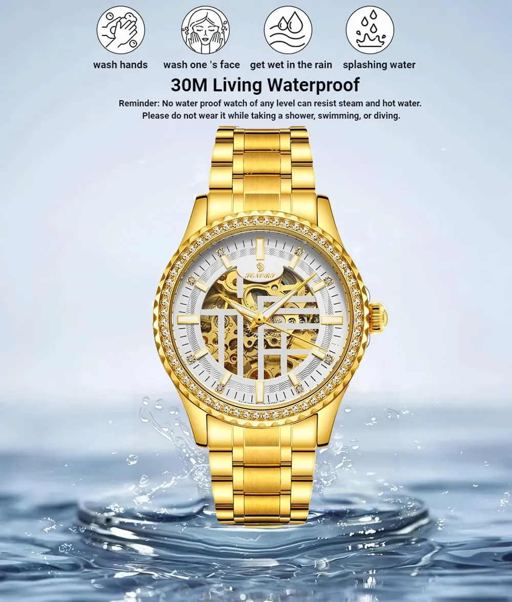 crew magic mitigate scrape Steel Band Waterproof Luminous Wristwatch Luxury Diamond Gold Watches for Men Skeleton Hollow Fashion Design Self-Winding Mechanical Automatic Watches Stainless 