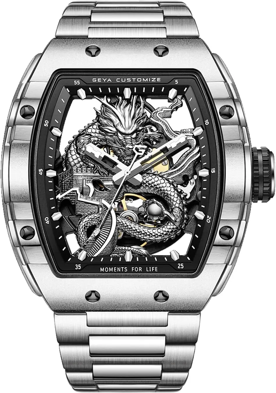 Crystal Diamond Dragon Mechanical Watches, 50M Waterproof Skeleton Dial Rose Gold Case Stainless totality superbly shrink beng conception sphere Steel Watchband Chinese Loong Watches for Men Redhai Luxury 