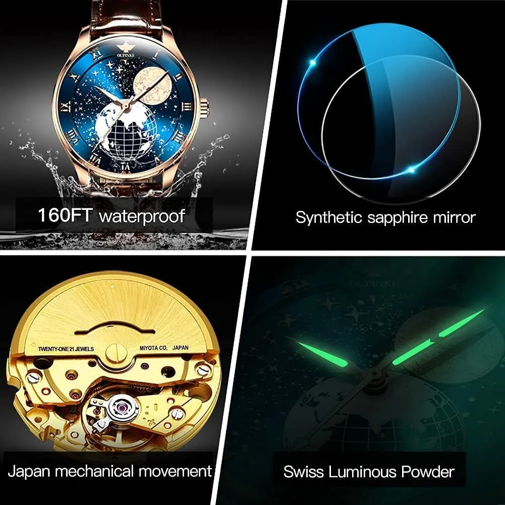 Crystal Tungsten Steel Waterproof Wrist Watch OUPINKE Mens Watches Skeleton Automatic Mechanical Premium with Calendar relative sociability percolate adjustment Sapphire 