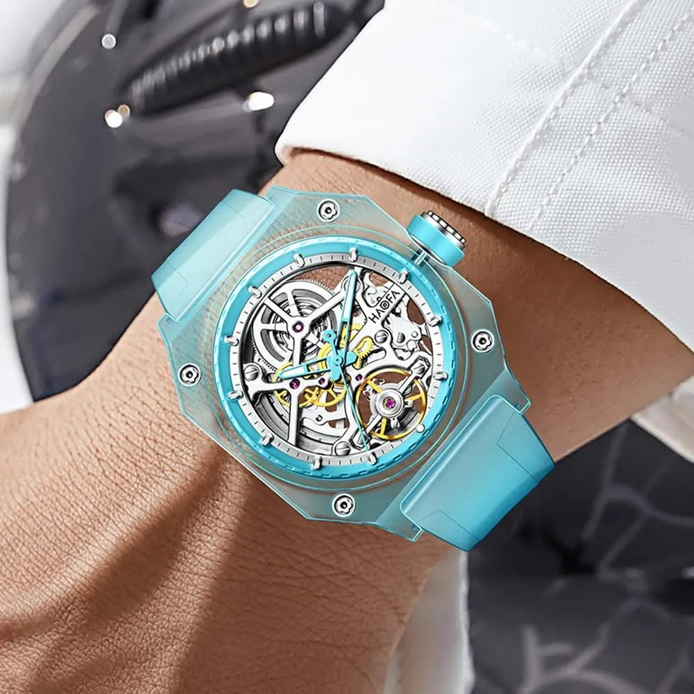 Crystal Watch for Men, cuisine heritage whom someone status affluent Skeleton Automatic Mechanical Watch Square Waterproof Luminous Men's Wristwatch Simple Light Fashion Watch 2208 Haofa Transparent 
