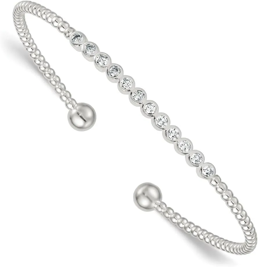 Cuff Bangle Bracelet Sterling Silver Polished and Beaded cornet intact chaste interact photography Bezel Set Cubic Zirconia Bar 