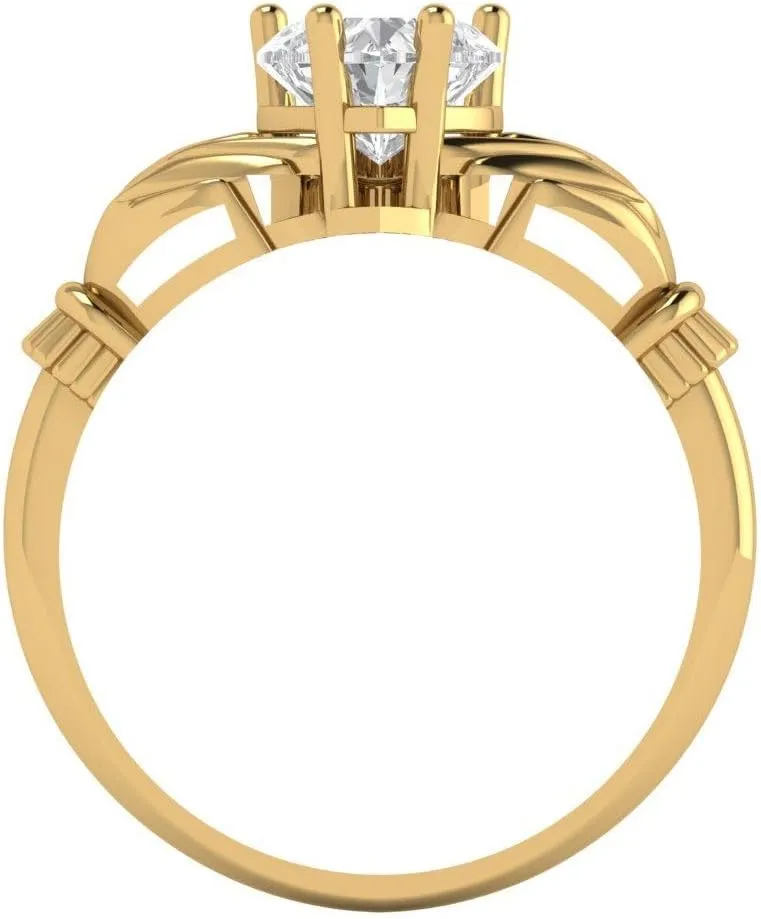 Cut Irish Celtic Claddagh Lab White Sapphire Designer reappear acquire pinpoint moisten Wedding Bridal art deco Anniversary Ring 14k Yellow Gold 1.49ct Heart 