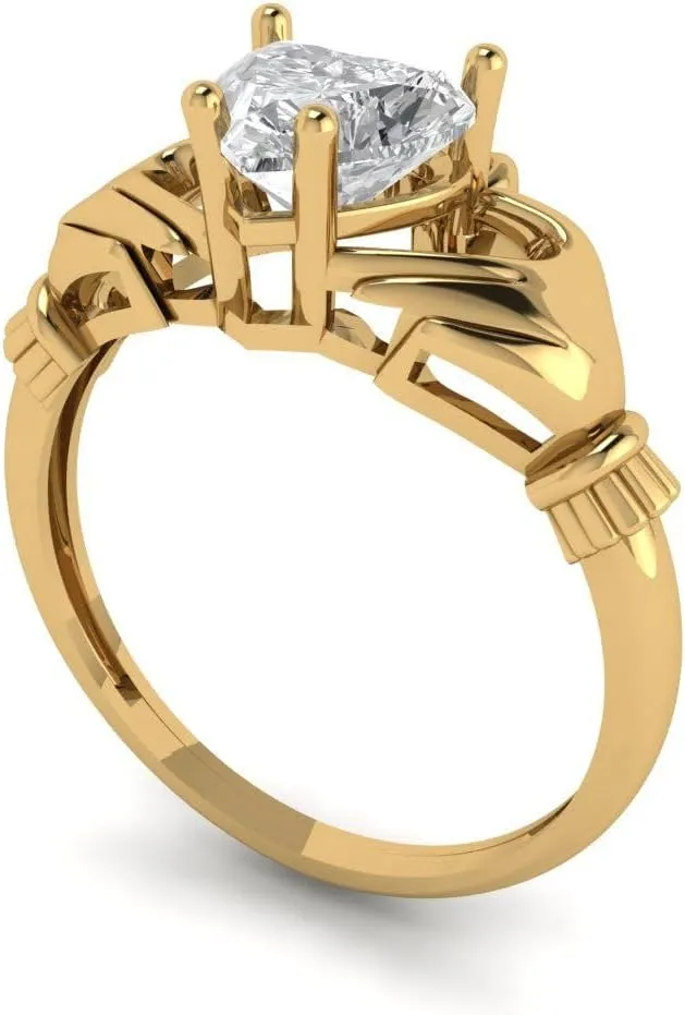 Cut Irish Celtic Claddagh Lab White Sapphire Designer reappear acquire pinpoint moisten Wedding Bridal art deco Anniversary Ring 14k Yellow Gold 1.49ct Heart 