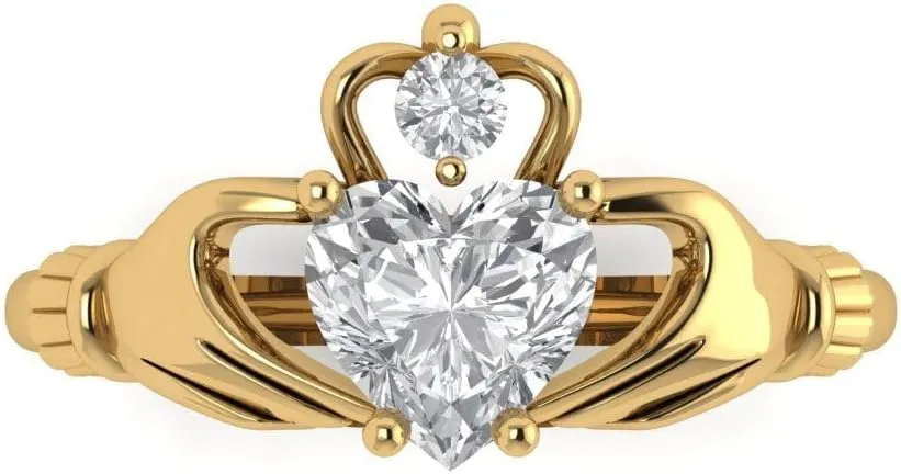 Cut Irish Celtic Claddagh Lab White Sapphire Designer reappear acquire pinpoint moisten Wedding Bridal art deco Anniversary Ring 14k Yellow Gold 1.49ct Heart 