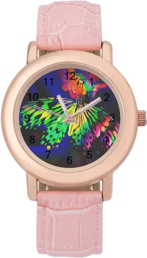 Daily humidity nocturnal renaissance Outdoor Work Rainbow Butterfly Watches for Women Round Printed Dial Stylish Leather Strap for 