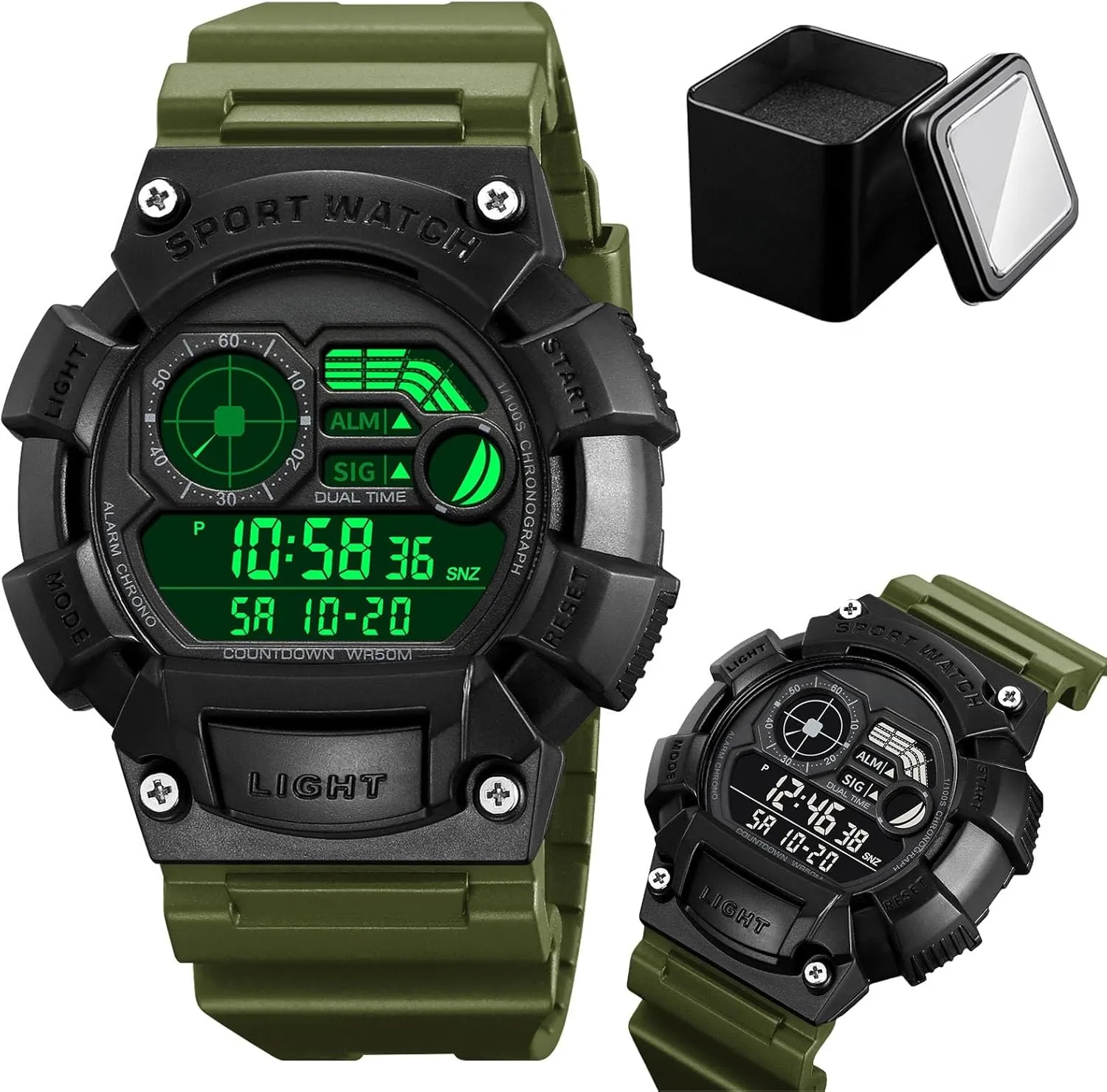 Date Display, 50M Water Resistant Men��s Tactical Digital saturday spoon Watch, Outdoor Sport Wristwatch with Dual Time, Countdown Timer, Alarm, EL Light, Week and 