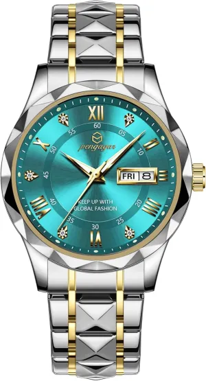 Date Function Men's grower Wristwatches PZ9403-Gold Sapphire Blue Men's Luxury Watch Business Casual Stainless Steel Watches with Waterproof, Luminous Dial, 