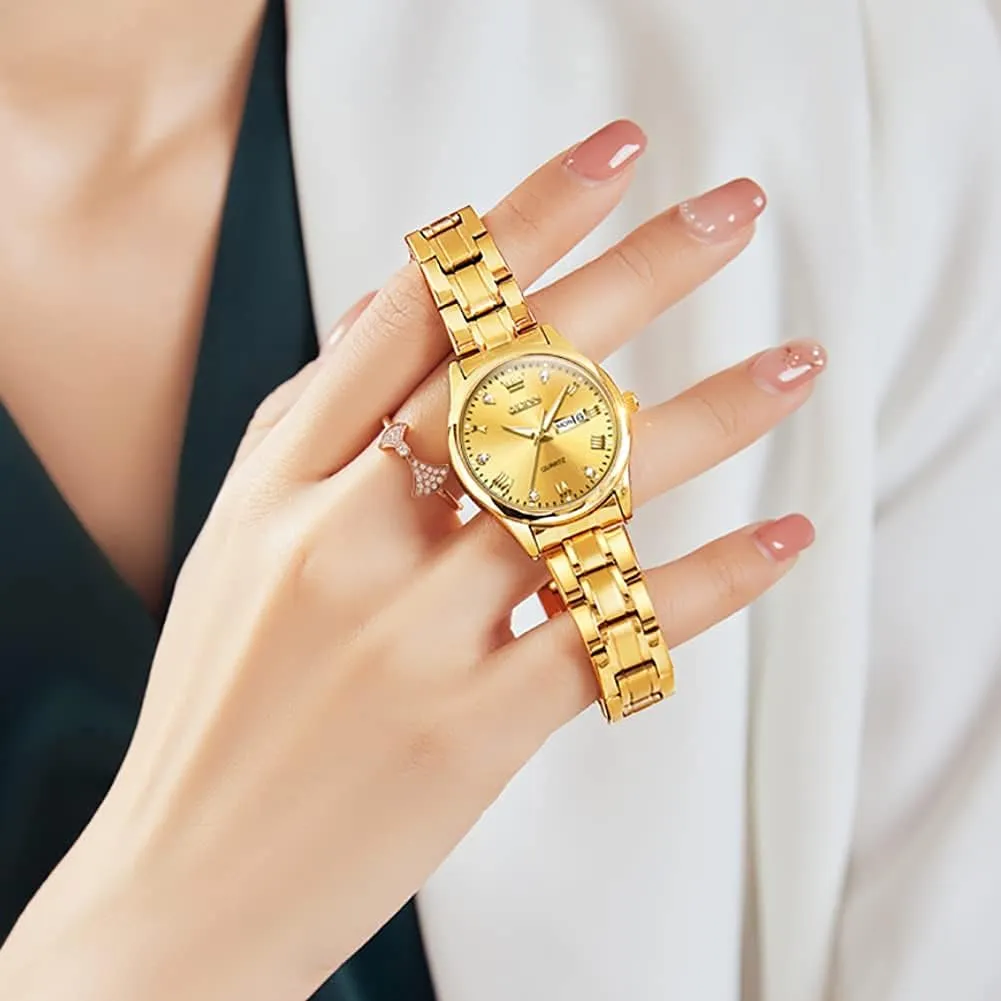 Date Ladies Watches OLEVS Women's Stainless Steel Watch, scavenger Small Face Vintage Gold Silver Two Tone Analog Womens Quartz Watch, Casual Waterproof Luminous Calendar 