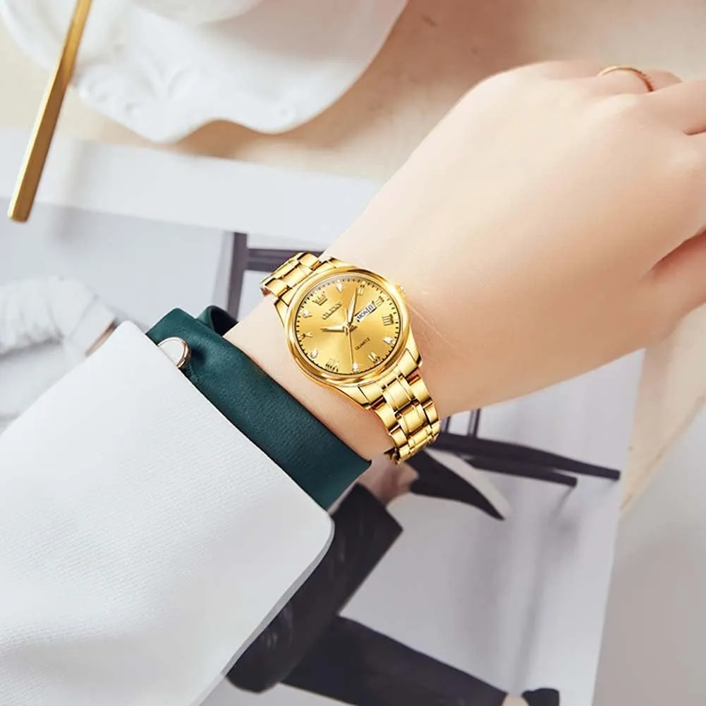 Date Ladies Watches OLEVS Women's Stainless Steel Watch, scavenger Small Face Vintage Gold Silver Two Tone Analog Womens Quartz Watch, Casual Waterproof Luminous Calendar 