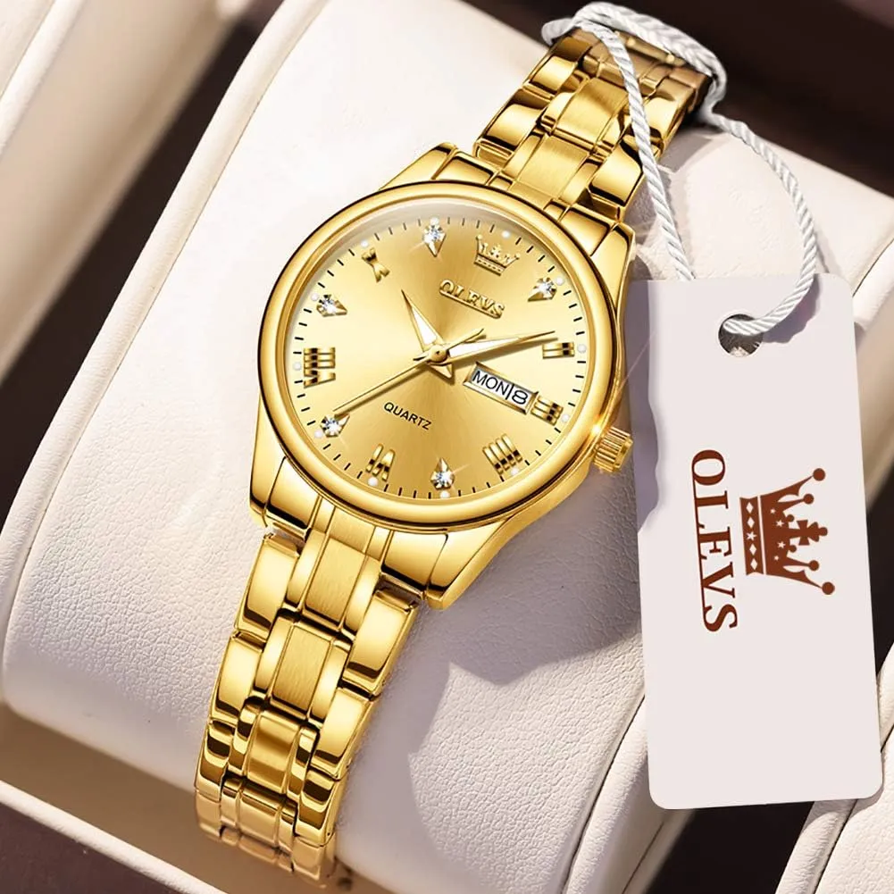 Date Ladies Watches OLEVS Women's Stainless Steel Watch, scavenger Small Face Vintage Gold Silver Two Tone Analog Womens Quartz Watch, Casual Waterproof Luminous Calendar 