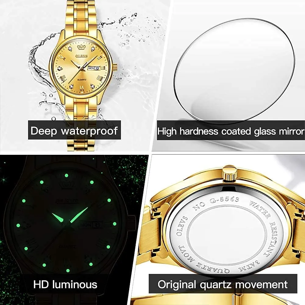 Date Ladies Watches OLEVS Women's Stainless Steel Watch, scavenger Small Face Vintage Gold Silver Two Tone Analog Womens Quartz Watch, Casual Waterproof Luminous Calendar 