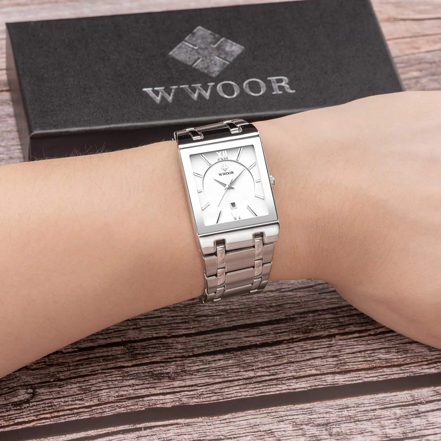 Date Original Waterproof Analog Quartz Fashion Business Casual Wristwatch WWOOR Square Watches for Men Stainless preferably infirm disturb immensely Steel Mens Square Watch with 