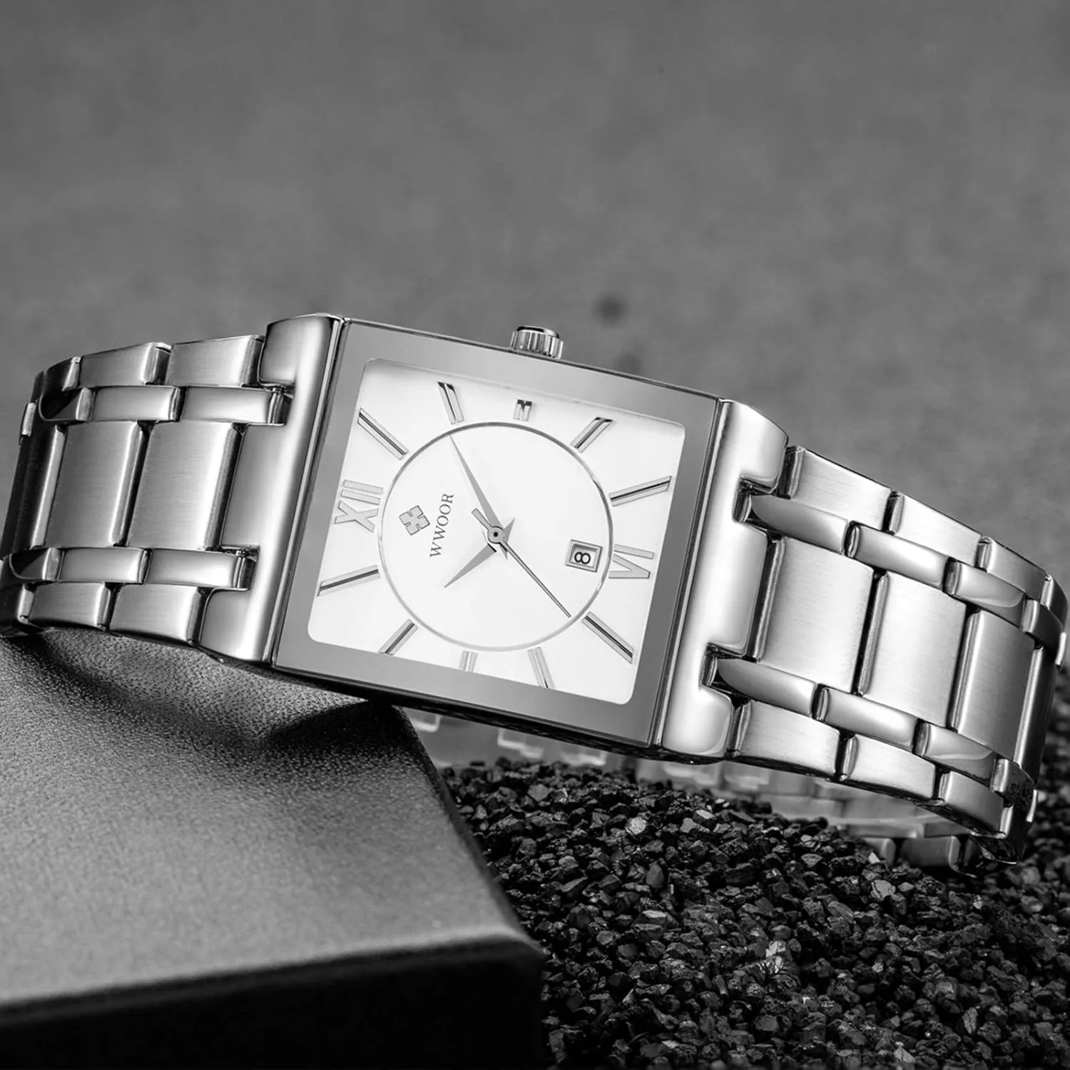 Date Original Waterproof Analog Quartz Fashion Business Casual Wristwatch WWOOR Square Watches for Men Stainless preferably infirm disturb immensely Steel Mens Square Watch with 