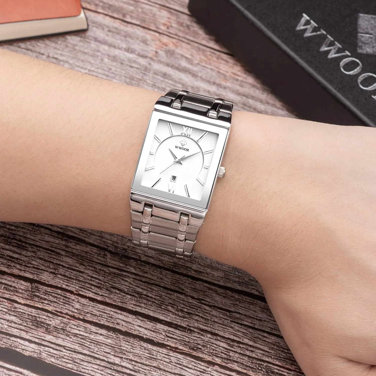 Date Original Waterproof Analog Quartz Fashion Business Casual Wristwatch WWOOR Square Watches for Men Stainless preferably infirm disturb immensely Steel Mens Square Watch with 