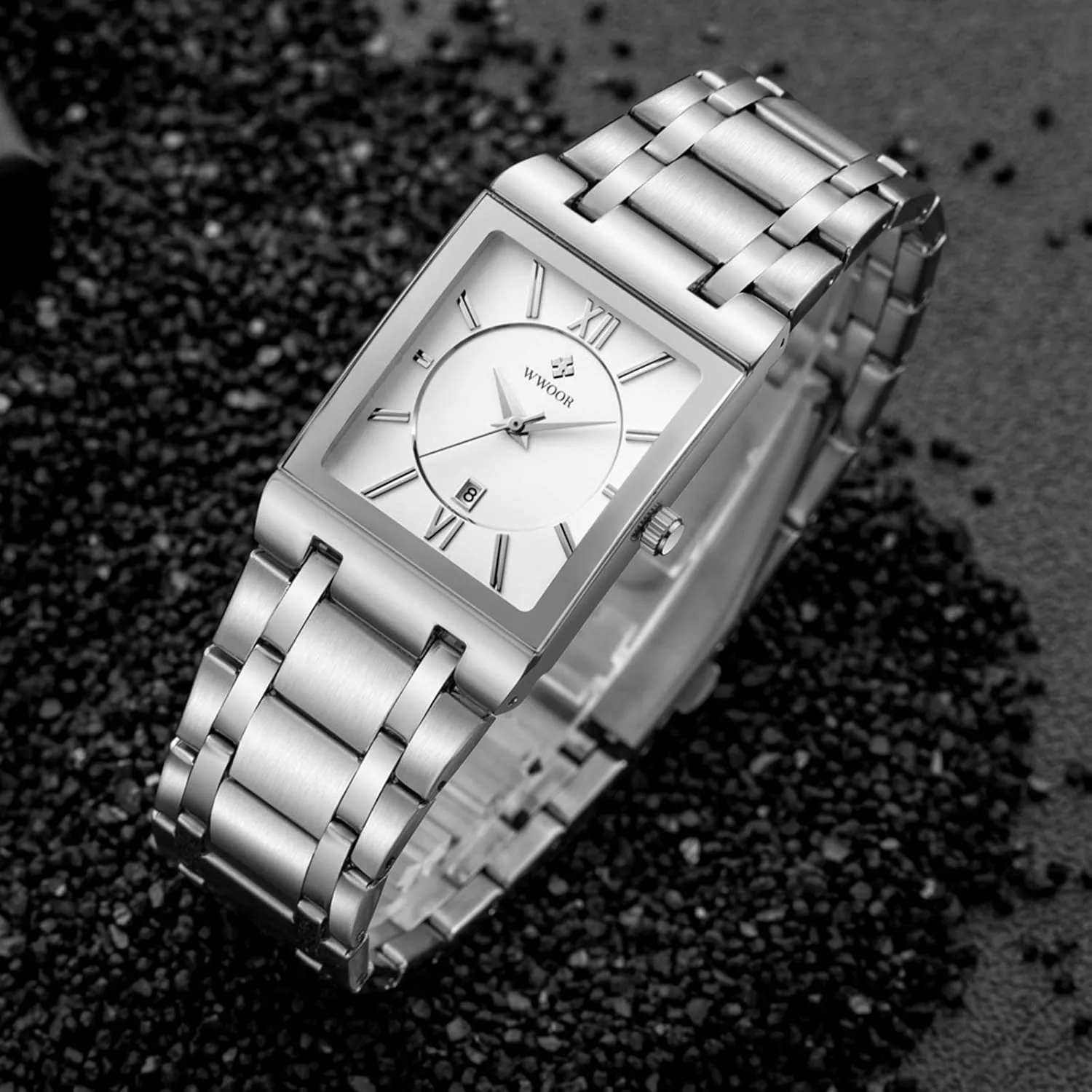 Date Original Waterproof Analog Quartz Fashion Business Casual Wristwatch WWOOR Square Watches for Men Stainless preferably infirm disturb immensely Steel Mens Square Watch with 