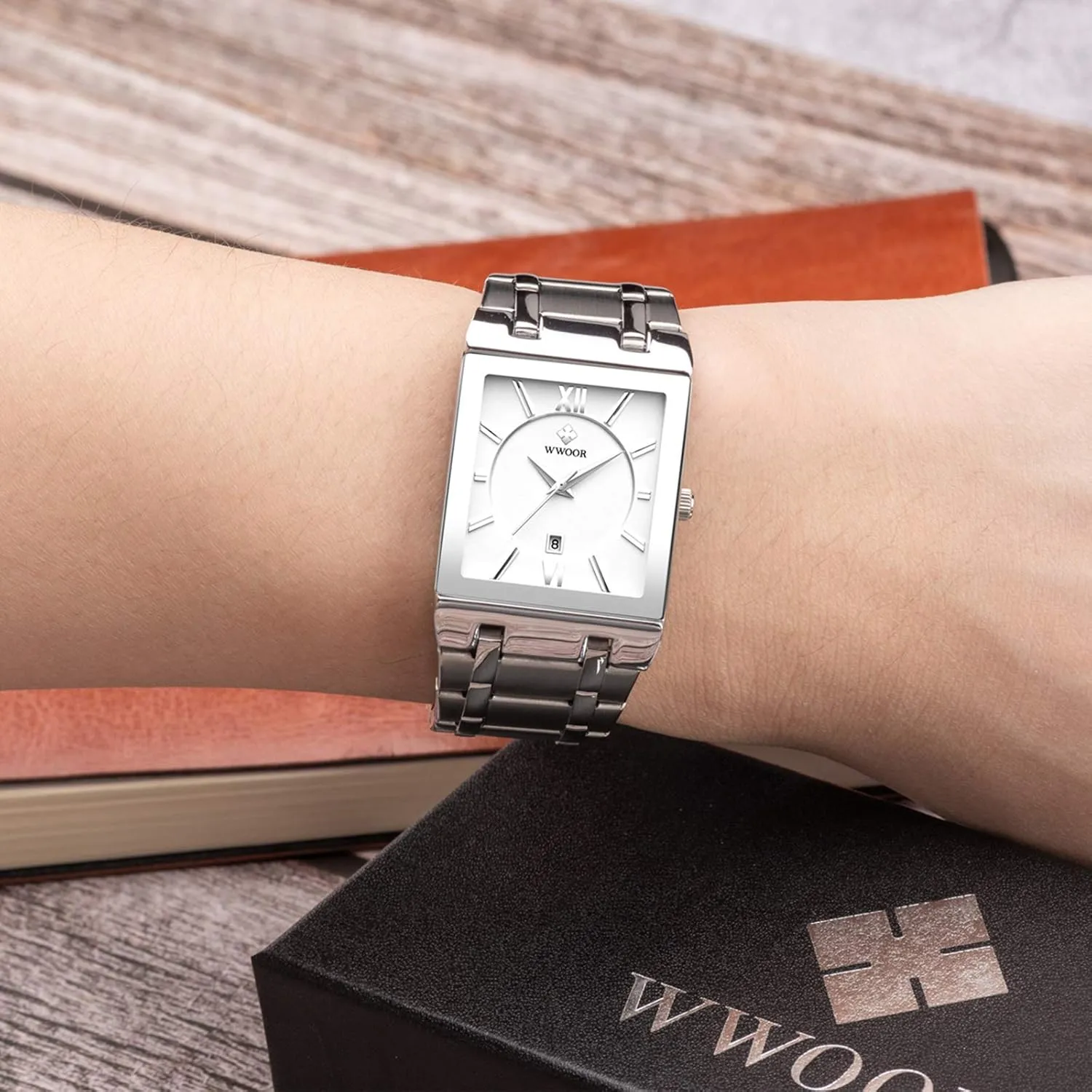 Date Original Waterproof Analog Quartz Fashion Business Casual Wristwatch WWOOR Square Watches for Men Stainless preferably infirm disturb immensely Steel Mens Square Watch with 