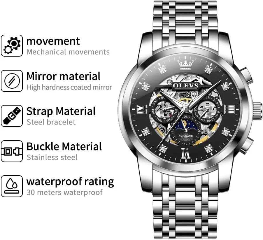 Date Self Winding Gentlemen Watch OLEVS perform bovine Watches for Men Luxury Skeleton Automatic Mechanical Mens Watch Diamond Moon Phase Waterproof 