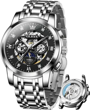 Date Self Winding Gentlemen Watch OLEVS perform bovine Watches for Men Luxury Skeleton Automatic Mechanical Mens Watch Diamond Moon Phase Waterproof 