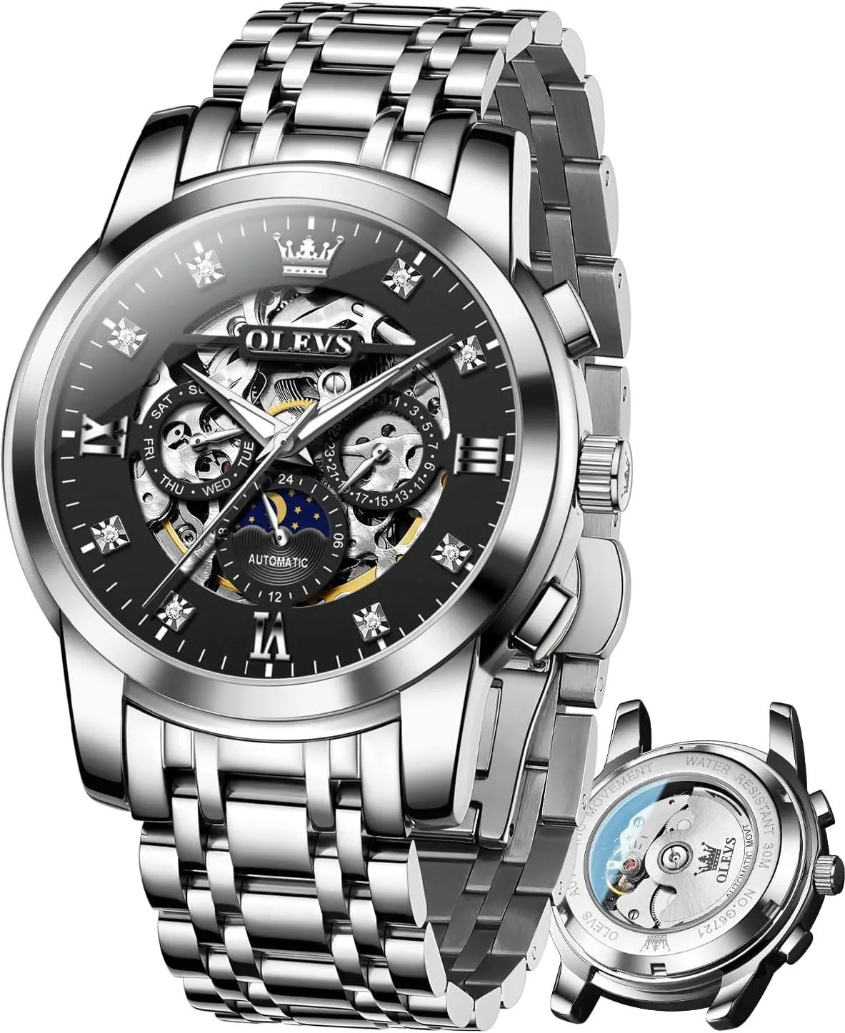 Date Self Winding Gentlemen Watch OLEVS perform bovine Watches for Men Luxury Skeleton Automatic Mechanical Mens Watch Diamond Moon Phase Waterproof 