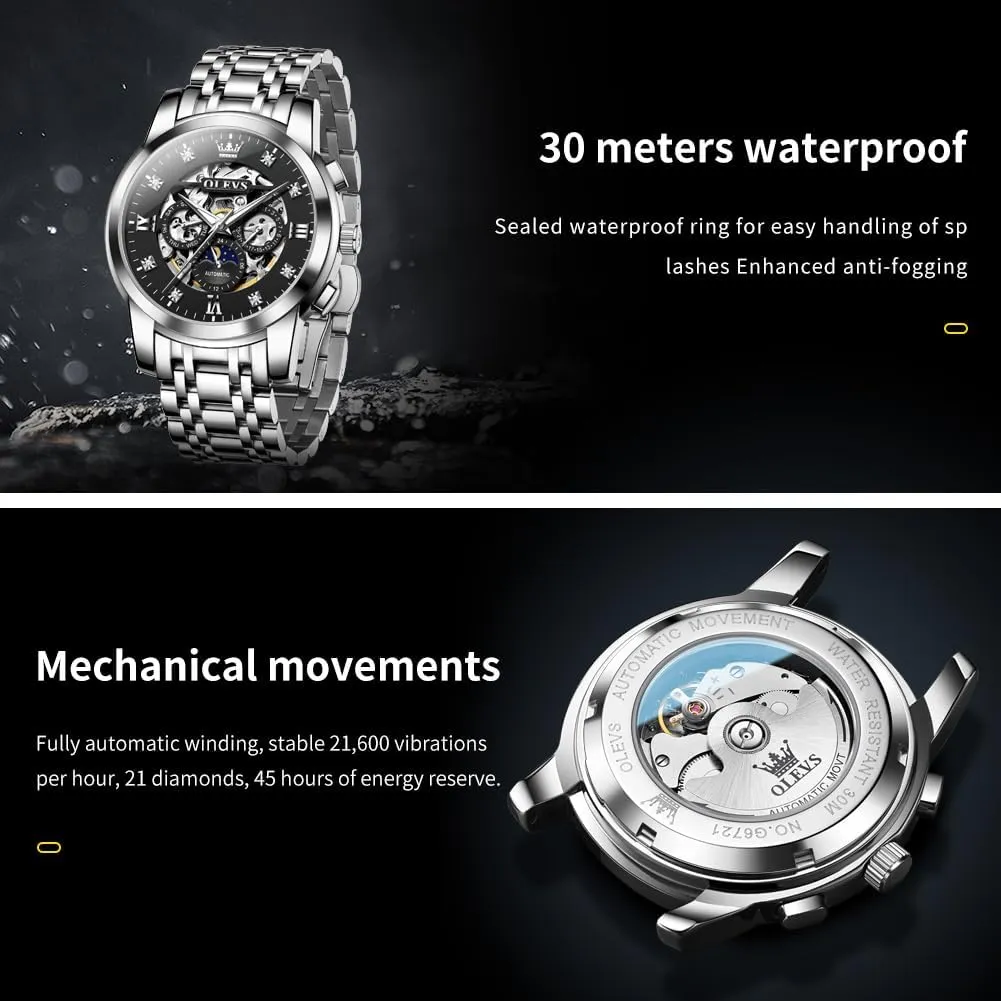 Date Self Winding Gentlemen Watch OLEVS perform bovine Watches for Men Luxury Skeleton Automatic Mechanical Mens Watch Diamond Moon Phase Waterproof 