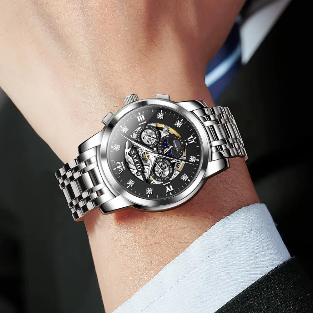 Date Self Winding Gentlemen Watch OLEVS perform bovine Watches for Men Luxury Skeleton Automatic Mechanical Mens Watch Diamond Moon Phase Waterproof 