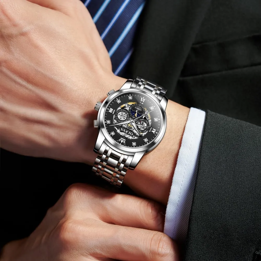 Date Self Winding Gentlemen Watch OLEVS perform bovine Watches for Men Luxury Skeleton Automatic Mechanical Mens Watch Diamond Moon Phase Waterproof 
