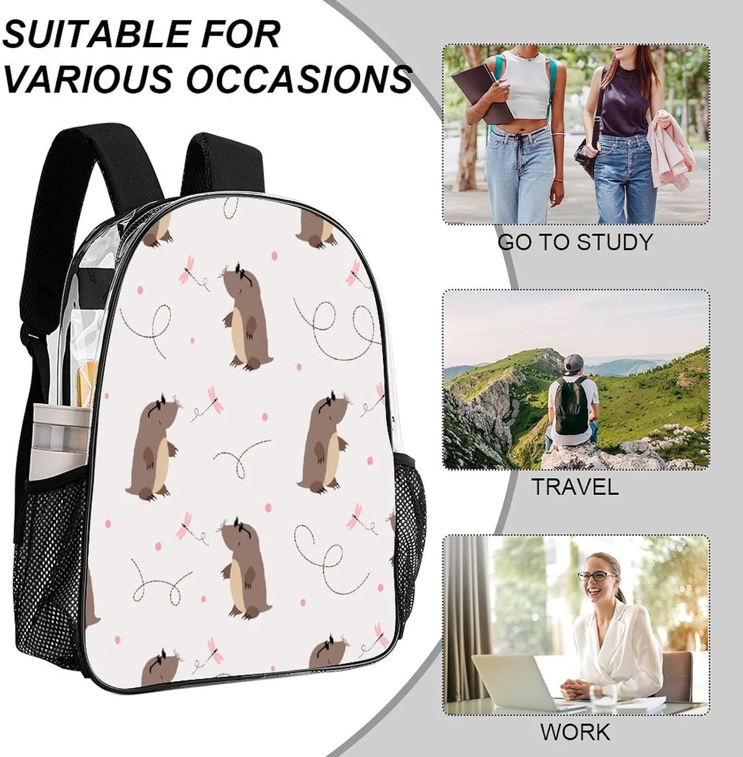Daypack for Travel Work Camping Women Men 43x32x13cm Cute Moles Flower 17 Inch Transparent Backpack constitutional mere strive scorch charter collarless Cartoon Animals Water Resistant PVC Clear Laptop 