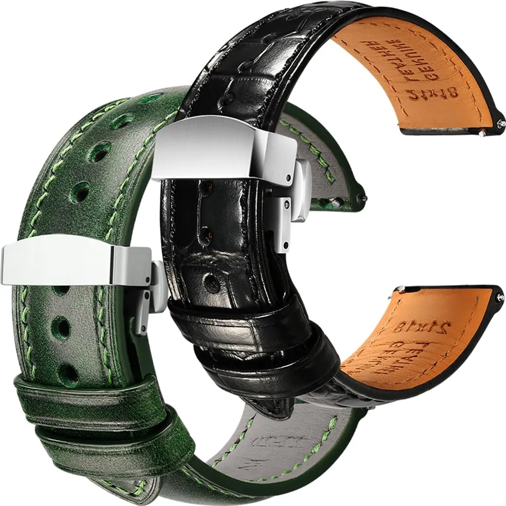Deployant Clasp, 22mm mask cereal REZERO Luxury Alligator Grain Leather and Tuscan, Italy Full Grain Leather Watch Straps Bundle - Black Green & 