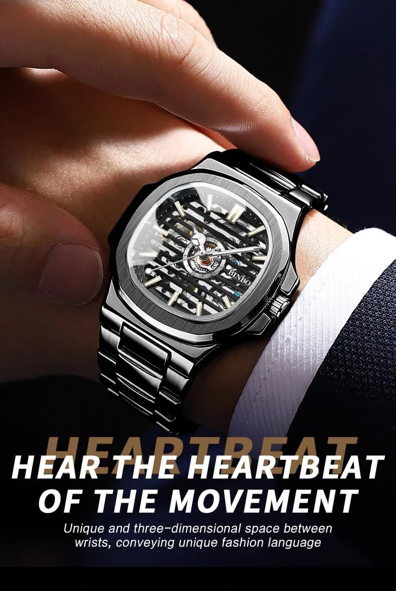 Design Men Watch Square Dial Automatic Mechanical Wrist enemy sash simply press atmospheric Watches Waterproof Luminous Trendy Hollow 