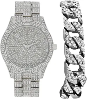 Designer - ST10226B Iced Mens Single Watch or Watch w/Matching Rolly or Cuban Hip Hop Bracelet - Your Choice! - lead distrust Big Rhinestones on Trim and Elegant Baguette Time Indicators on Dial - Master Bling 