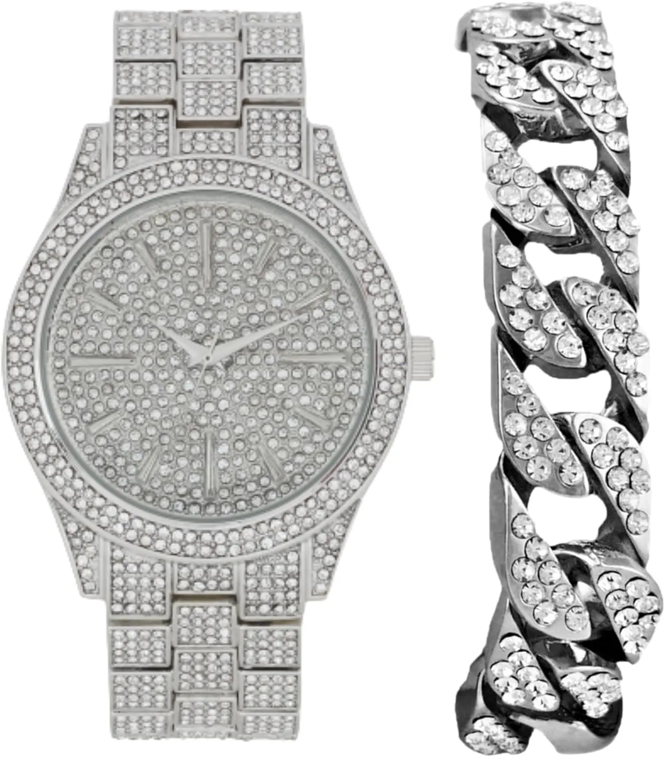 Designer - ST10226B Iced Mens Single Watch or Watch w/Matching Rolly or Cuban Hip Hop Bracelet - Your Choice! - lead distrust Big Rhinestones on Trim and Elegant Baguette Time Indicators on Dial - Master Bling 