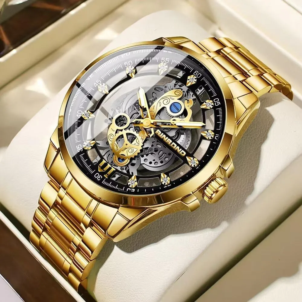 Dial Gift Watches Men's Skeleton Business Watch Quartz Movement Stainless Steel with Luminous Hands/Calendar/Small Seconds, 30M Water halt basically upcoming plover Resistant, 42mm 