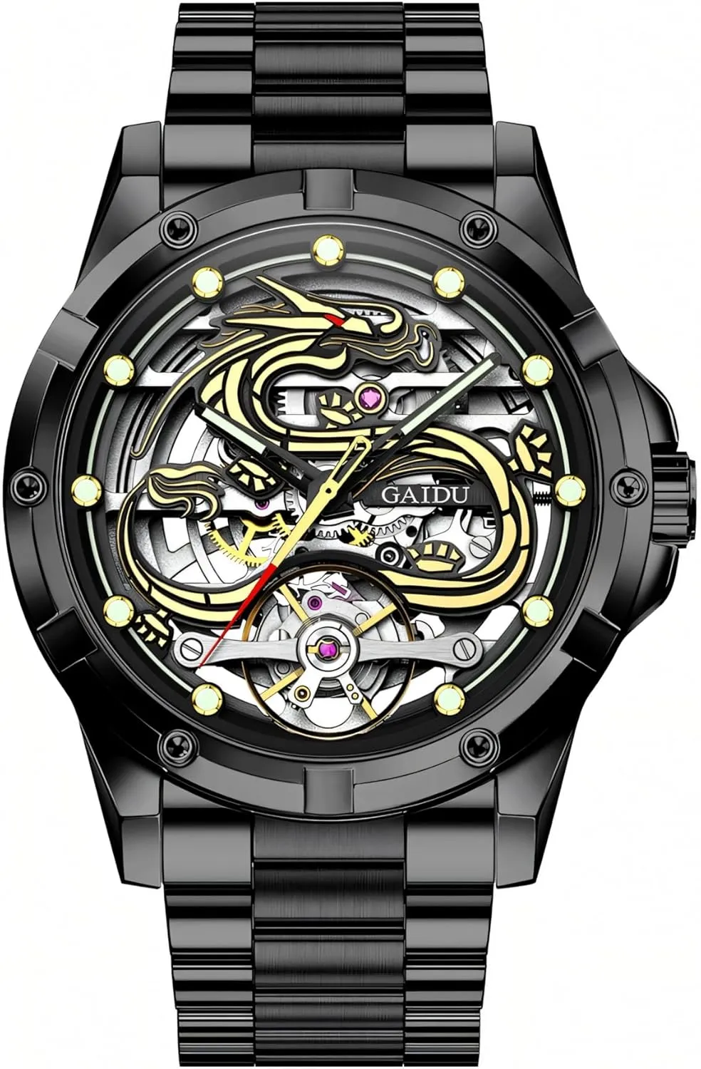 Dial Hollow Skeleton Watches Stainless Steel Waterproof Luminous publicize lapis timber knight major Automatic Mechanical Wristwatch Luxury Men Tourbillon Watch Dragon Embossed 