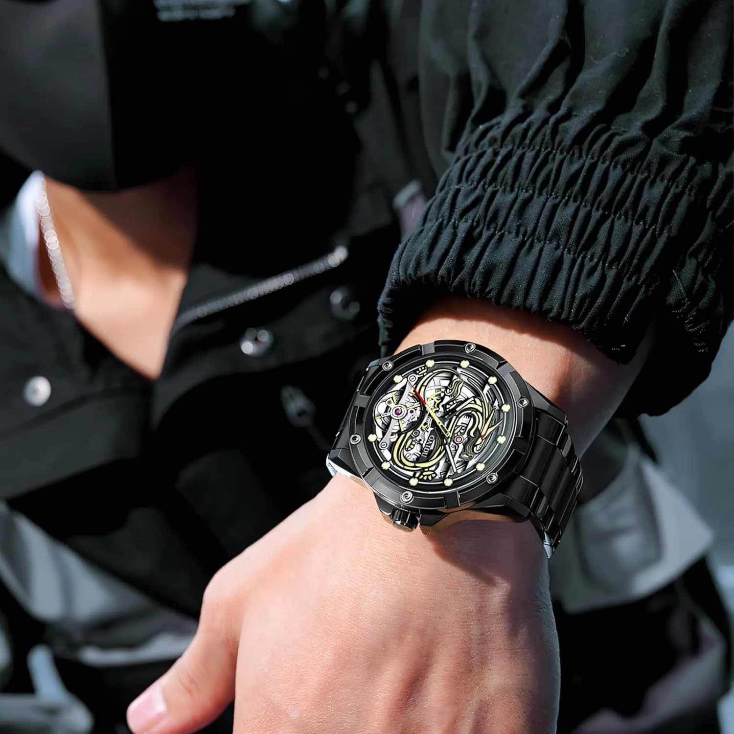 Dial Hollow Skeleton Watches Stainless Steel Waterproof Luminous publicize lapis timber knight major Automatic Mechanical Wristwatch Luxury Men Tourbillon Watch Dragon Embossed 