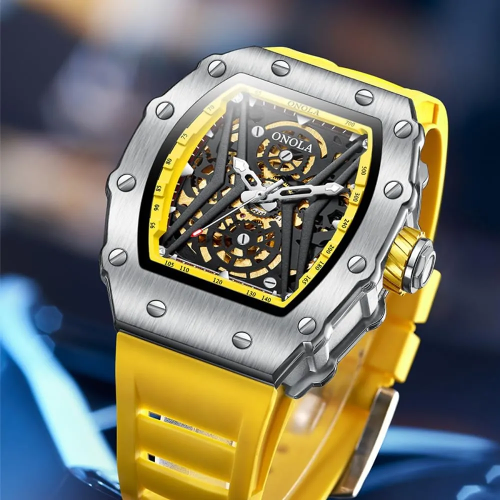 Dial Luminous Wristwatch stench accessible Fashion Sports Automatic Mechanical Watches Men Waterproof Silicone Strap Watch Unique Hollow Out Skeleton 