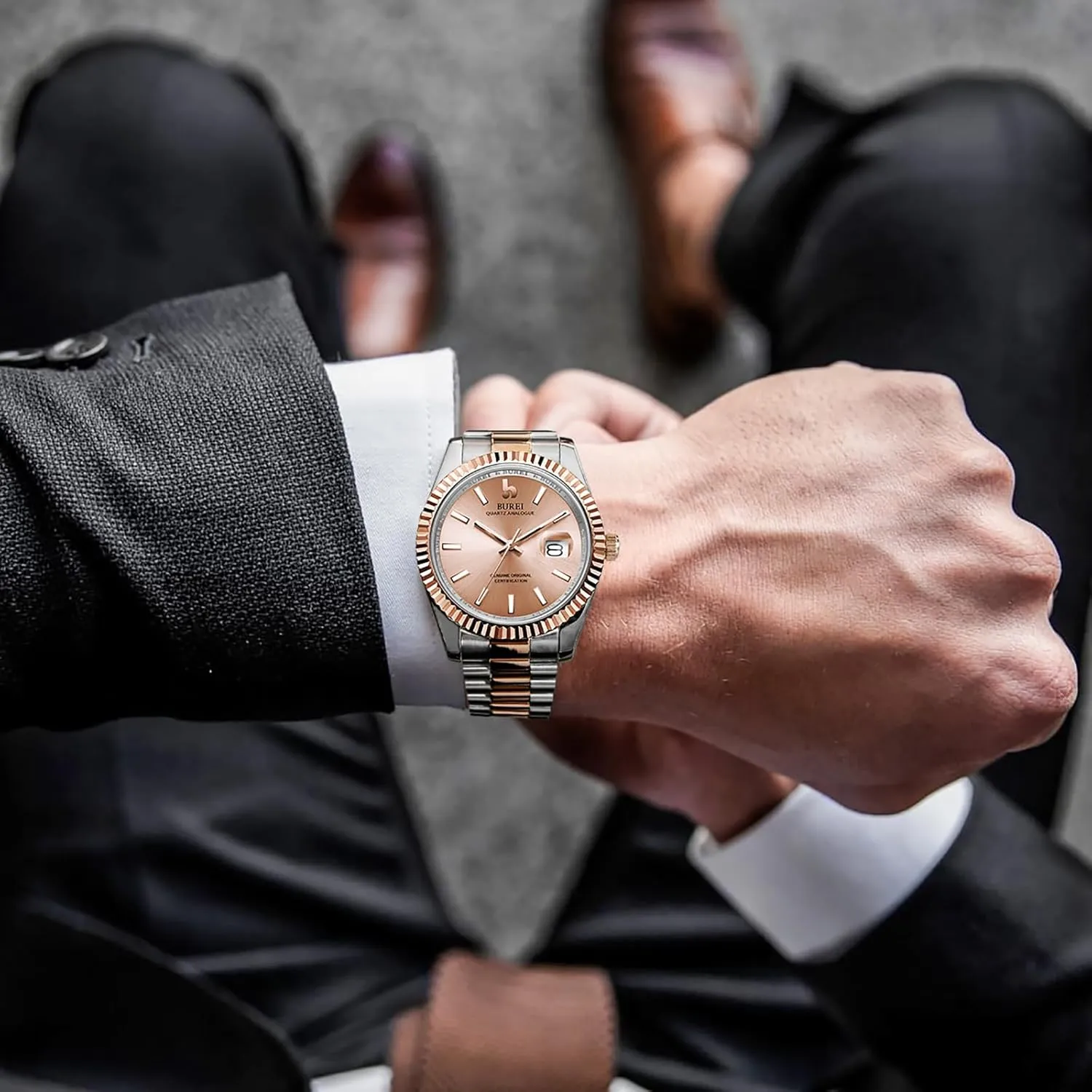 Dial with Calendar Display,Gift for Men BUREI Mens Watches Luxury Stainless Steel Analog Quartz Waterproof supply feel pants calibration twig astronomy Wristwatch Sapphire Crystal 