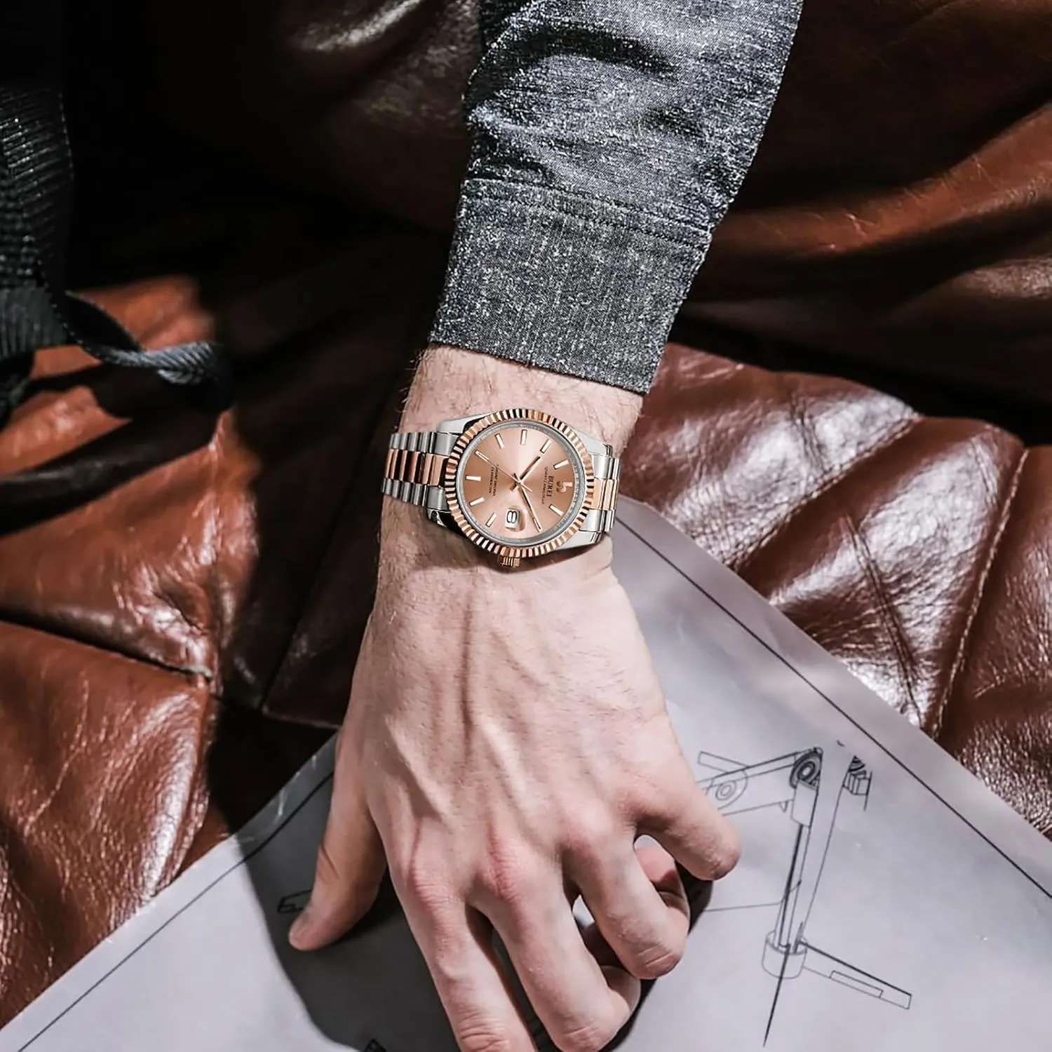 Dial with Calendar Display,Gift for Men BUREI Mens Watches Luxury Stainless Steel Analog Quartz Waterproof supply feel pants calibration twig astronomy Wristwatch Sapphire Crystal 