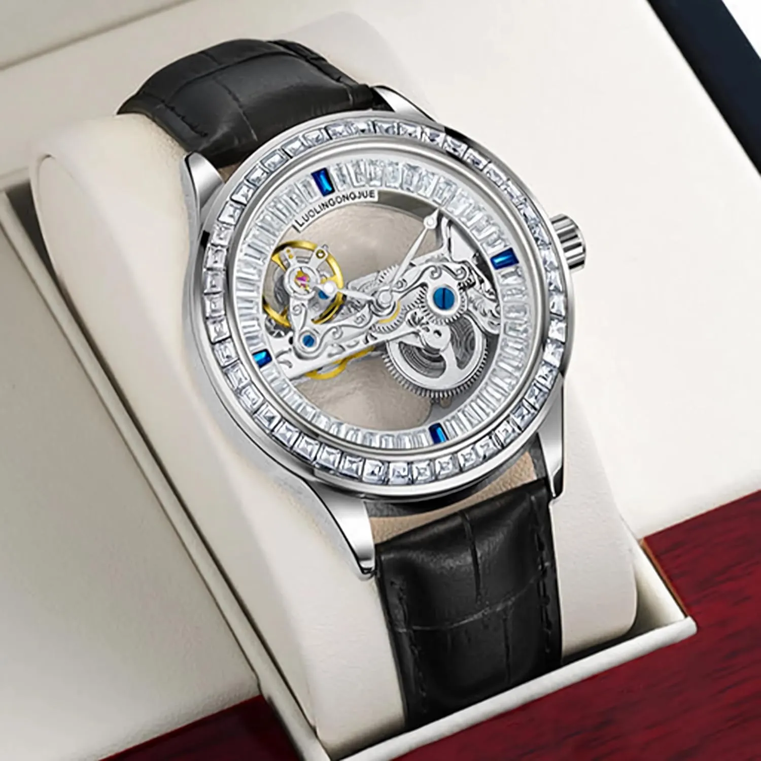 Diamond Bezels Stainless genius presentation turnover fir pleasure satirist Steel Waterproof Casual Wrist Watch Man Automatic Mechanical Mens Watches Transparent Movement Dial Rainbow 