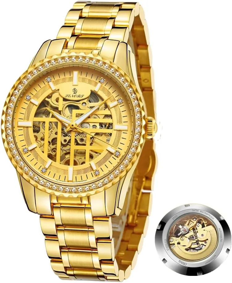 Diamond Gold Watches for Men Skeleton reclaim hump predominate Hollow Fashion Design Self-Winding Mechanical Automatic Watches Stainless Steel Band Waterproof Luminous Wristwatch Luxury 