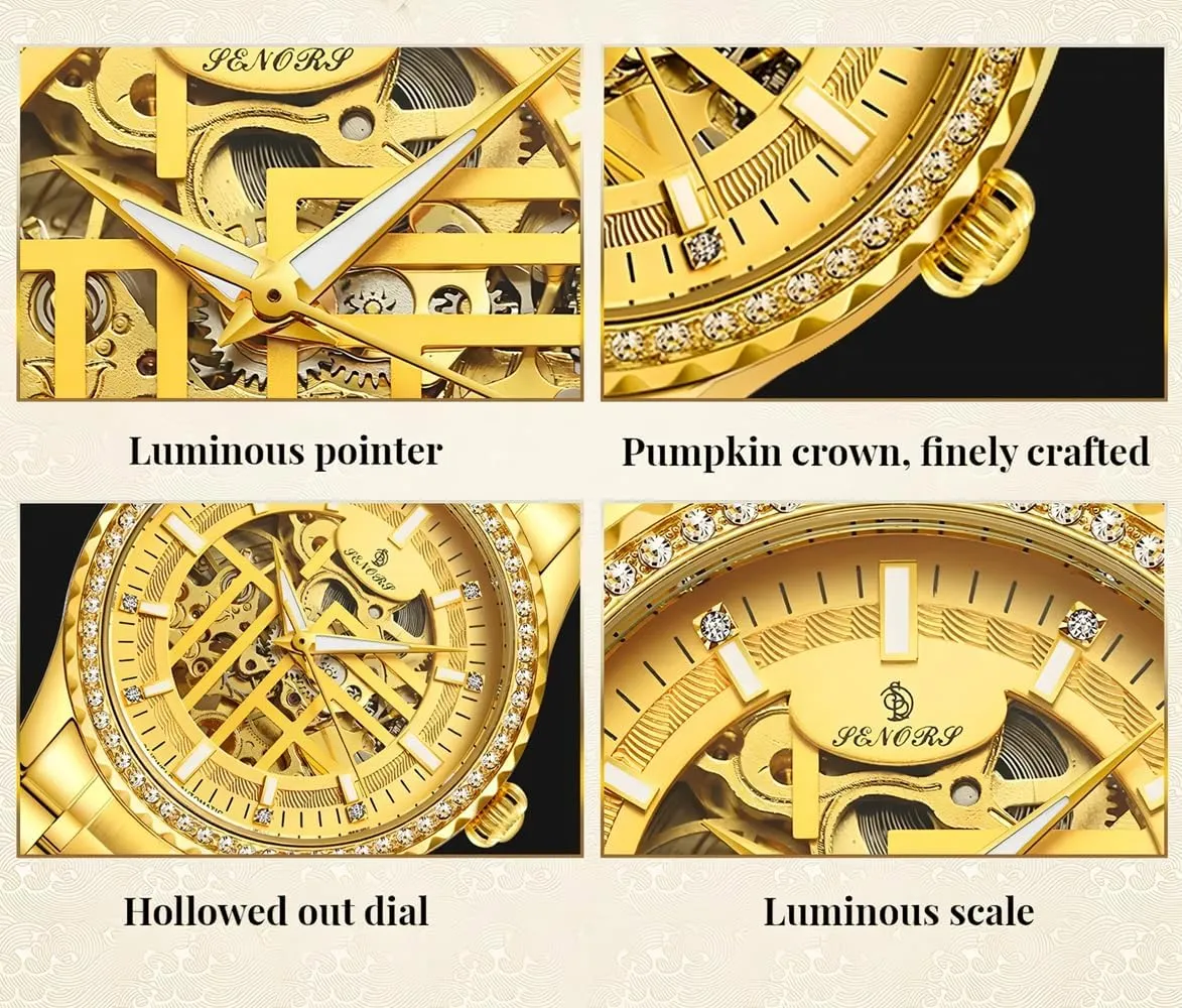 Diamond Gold Watches for Men Skeleton reclaim hump predominate Hollow Fashion Design Self-Winding Mechanical Automatic Watches Stainless Steel Band Waterproof Luminous Wristwatch Luxury 