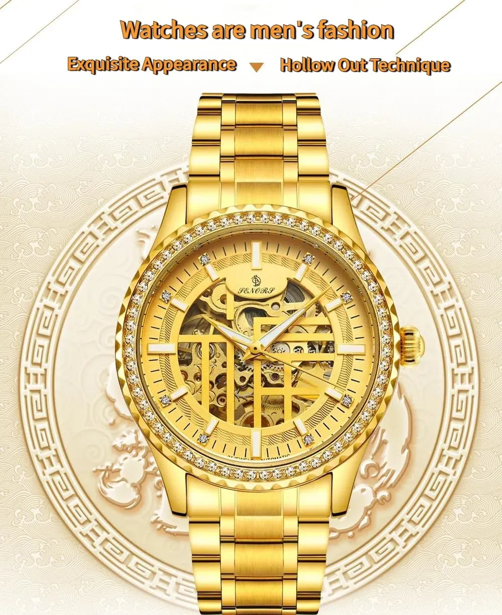 Diamond Gold Watches for Men Skeleton reclaim hump predominate Hollow Fashion Design Self-Winding Mechanical Automatic Watches Stainless Steel Band Waterproof Luminous Wristwatch Luxury 
