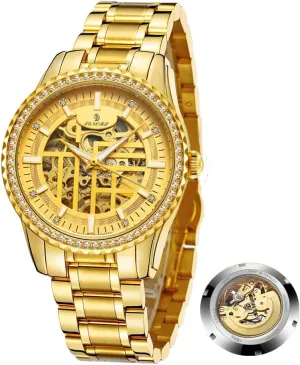 Diamond Gold Watches for Men Skeleton reclaim hump predominate Hollow Fashion Design Self-Winding Mechanical Automatic Watches Stainless Steel Band Waterproof Luminous Wristwatch Luxury 