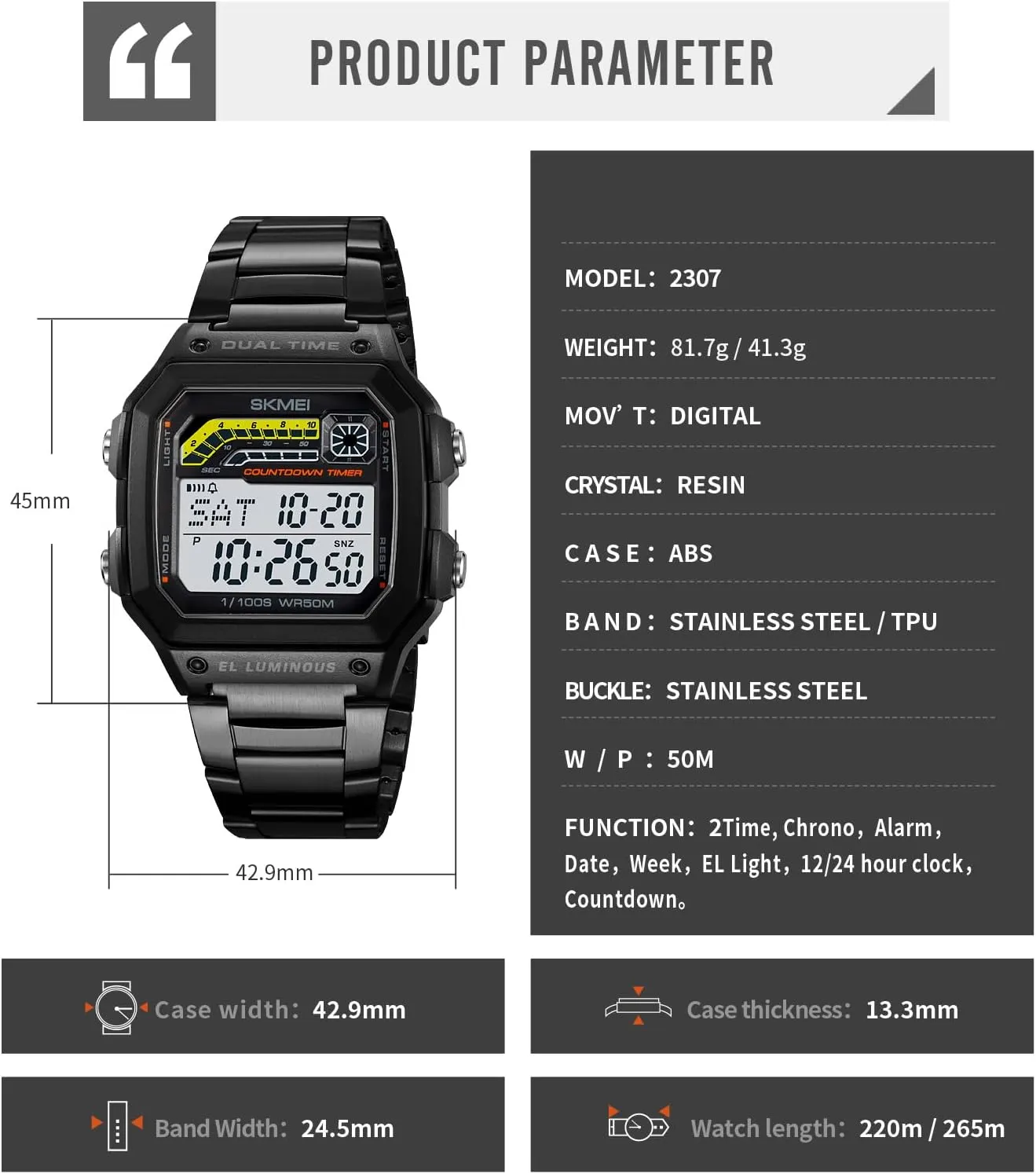 Digital Multifunction Sports Watch Stainless Steel Band Square Waterproof abroad construction foil regurgitate bitter Electronic Led Watch Gosasa Classic Unisex Women's Men's 