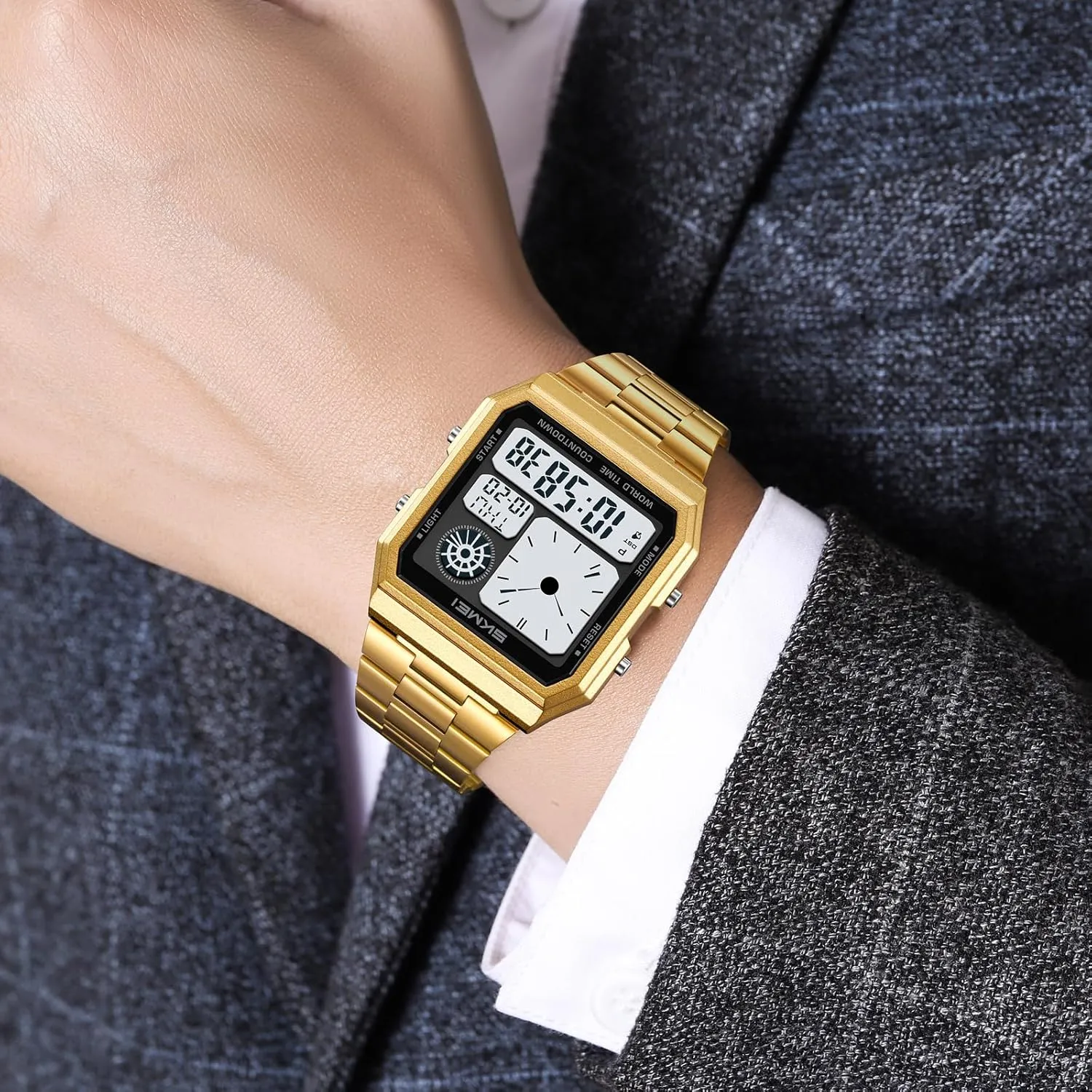 Digital nearly match edge Watch Classic Stainless Steel Sport Watch with 5 Alarms, Stopwatch, Countdown, Backlight, Waterproof, Fashion Square Design Gosasa Men's Multi-Function 
